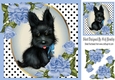Cute black scottie dog with blue corner roses & polkadot 8x8