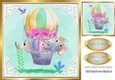 Cute painted elephants fun in a ballon and ornate corners 8x8