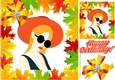 Lovely Retro lady in orange hat in Autumn leaves frame 8x8