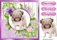 Cute pug puppy with pretty lilac flowers, wooden back ground 8x8