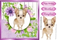 Cute french chihuahua puppy with pretty lilac flowers, wooden back ground 8x8