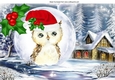 Lovely snow scene with owl in santa hat in snowball with holly A4