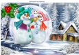 Lovely snow scene with snowman family in a snowball with holly A4,