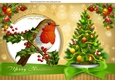 Lovely robin on a branch with snow, & christmas tree A4