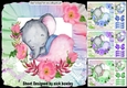 4 pretty rainbow frill card fronts with baby ele sleeping and flowers 8x8 mini kit