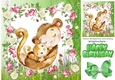 Cute water colour cuddling monkey & baby in flower frame with bow 8x8