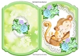 Cute monkey cuddling baby on lace with pretty flowers bracket card