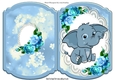 Cute baby elephant on lace with blue roses bracket card