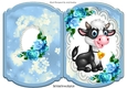 Cute baby calf on lace with blue roses bracket card