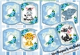 4 Cute Animals on lace with blue roses bracket cards mini kit