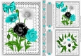 Lovely card fronts/toppers & tags on lace with black/turq flowers A5