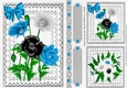 Lovely  card fronts/toppers & tags on lace with black/blue flowers A5