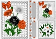 Lovely card fronts/toppers & tags on lace with black/orange flowers A5
