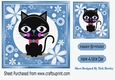 Cartoon black cat in funky blue flower frame 7x7