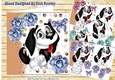 4 Cute black and white Cartoon dogs with roses 7x7 card fronts mini kit