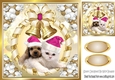 Cute puppy and kitten in cerise santa hats with gold bells 8x8