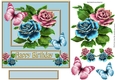 Pretty gold edge roses in pink/blue with butterflies 7x7