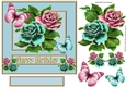 Pretty gold edge roses in pink/turq with butterflies 7x7
