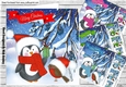 4 Cute penguin with robins in coloured santa hats card fronts 8x8 with pyramids