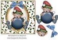  elf holding blue bauble in holly frame with bow 7x7