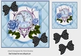 Lovely blue roses with ornate clock in quilt with blk polka dot bows 7x7