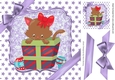 Cute kitten in christmas gift with bow and purple stars 8x8