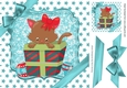 Cute kitten in christmas gift with bow and turq stars 8x8