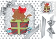 Cute kitten in christmas gift with bow and silver stars 8x8