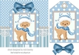 Reindeer in a scarf on a christmas tag , blue stripes and bow 7x7