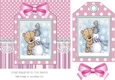 bear and snowman on a christmas tag , pink stripes and bow 7x7