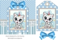 White kitty with party hat on a tag , blue stripes and bow 7x7