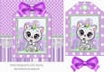 White kitty with party hat on a tag , lilac stripes and bow 7x7