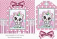 White kitty with party hat on a tag pink stripes and bow 7x7