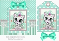 White kitty with party hat on a tag , turq stripes and bow 7x7