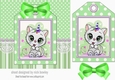 White kitty with party hat on a tag , green stripes and bow 7x7