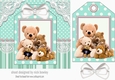 Cute teddy bears with white bow on a tag, turq striped 7x7 frame