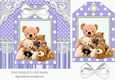 Cute teddy bears with white bow on a tag, purple striped 7x7 frame