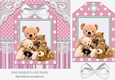 Cute teddy bears with white bow on a tag, pink striped 7x7 frame