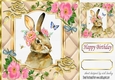 Pretty diamante rose corners with gold quilt card front with rabbit (one) 8x8