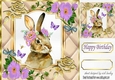 Pretty diamante rose corners with gold quilt card front with rabbit (two) 8x8