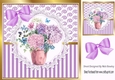 Pretty flower vase on lace with lilac stripe/swirls and bow card fronts 8x8