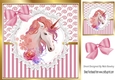 Pretty unicorn on lace with pink stripe/swirls and bow card front 8x8
