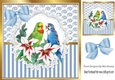 Pretty budgies on lace with blue stripe/swirls and bow card front 8x8