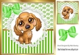 Pretty brown puppy on lace with green stripe/swirls and bow card front 8x8