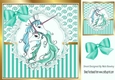 Pretty embracing unicorns on lace with turq stripe/swirls and bow card front 8x8