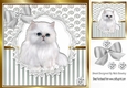 Pretty white persian on lace with diamonds,. silver stripe/swirls and bow card front 8x8
