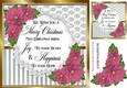 Pretty silver stripe/swirls and pink poinsettias christmas card front 8x8