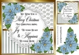 Pretty silver stripe/swirls and blue poinsettias christmas card front 8x8