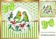 Pretty budgies on lace with green stripe/swirls and bow card front 8x8