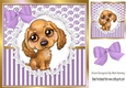 Pretty brown puppy on lace with purple stripe/swirls and bow card front 8x8